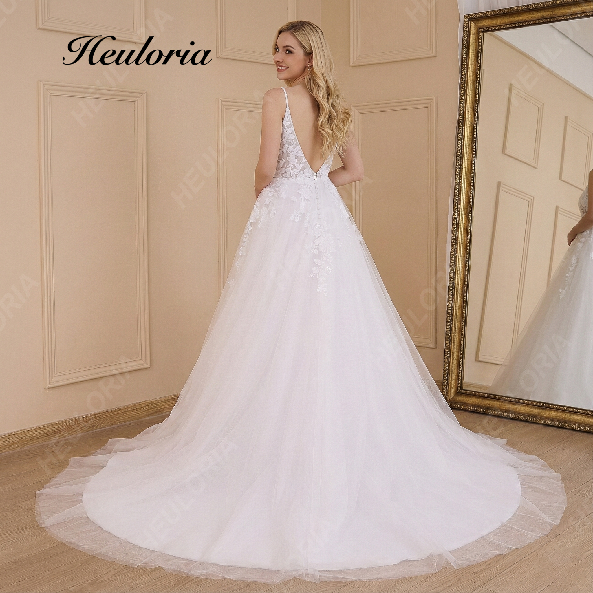 HEULORIA Romantic Lace A-Line Wedding Dress with Plunging V-Neck and Delicate Spaghetti Straps AL-635plus