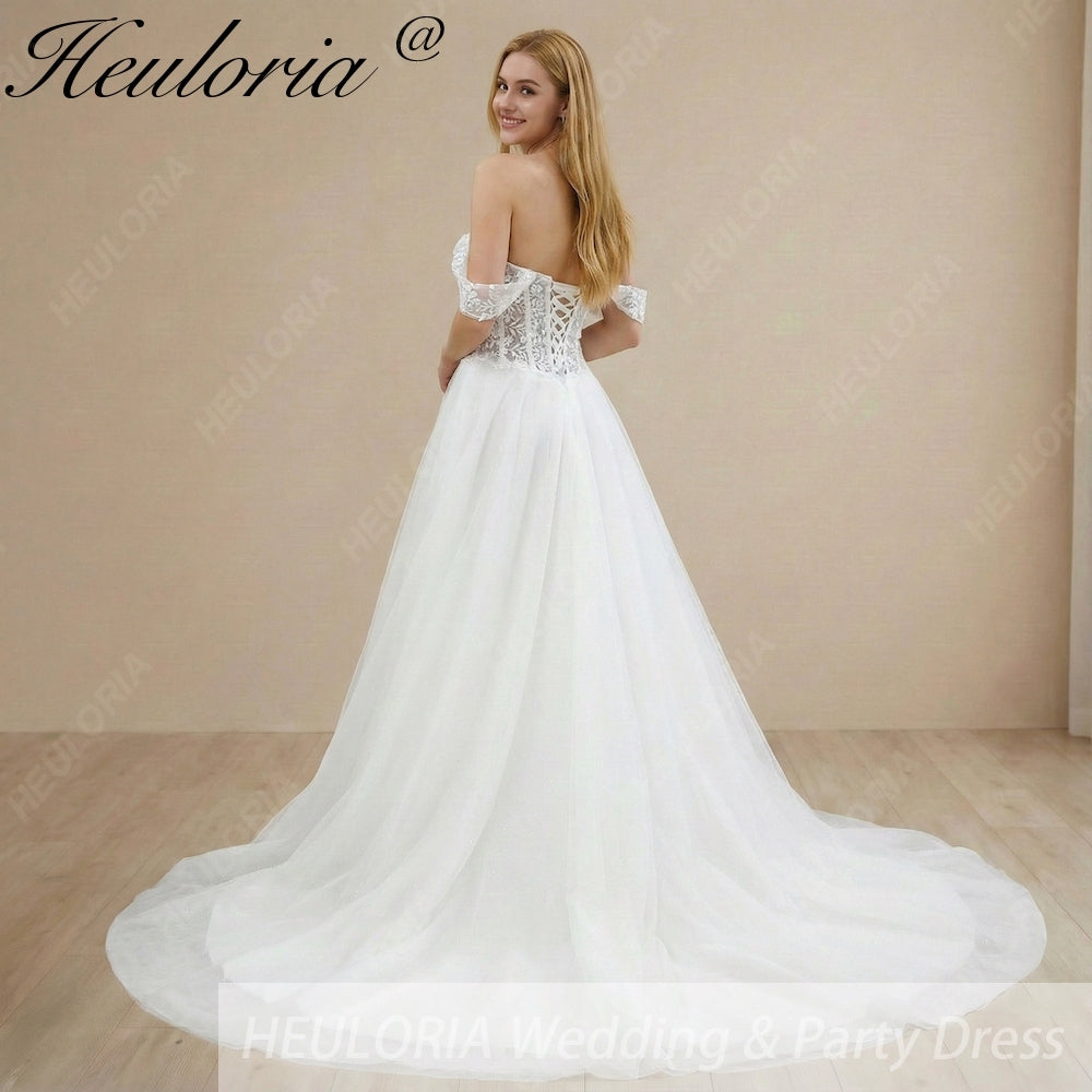 Heuloria Sparkling Glitter Tulle A-Line Wedding Dress with Detachable Off-the-Shoulder Sleeves and Sheer Corset Bodice AL-1027