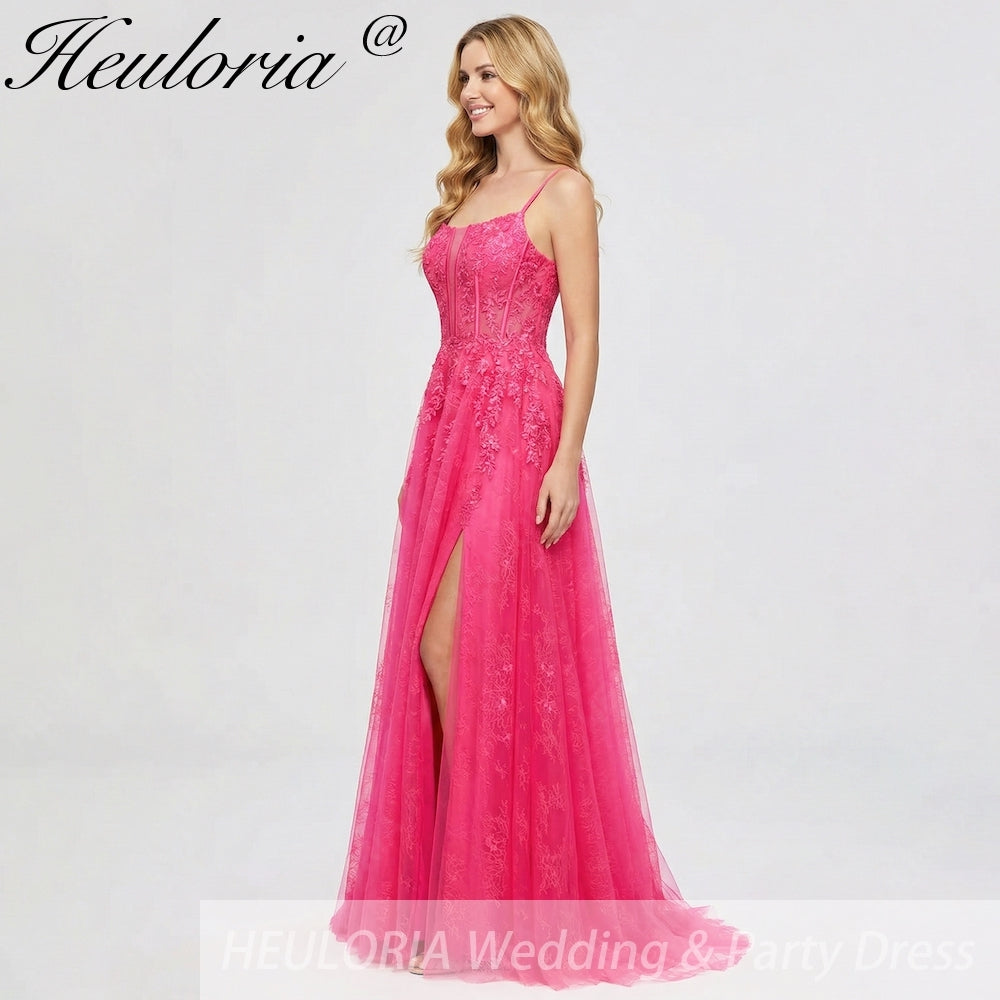 HEULORIA Vibrant Fuchsia Lace Prom Dress - Spaghetti Strap Bodice with High Slit & Corset Back ED-374