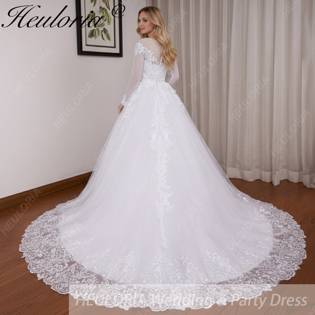 HEULORIA Princess Ball Gown Wedding Dress long sleeve bride dress O neck plus size robe de mariee Lace beading Bridal Gown BA-551