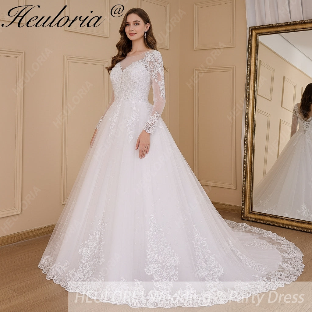 HEULORIA Princess Ball Gown Wedding Dress long sleeve sweetheart plus size robe de mariee Lace beading bride dress court train BA-640