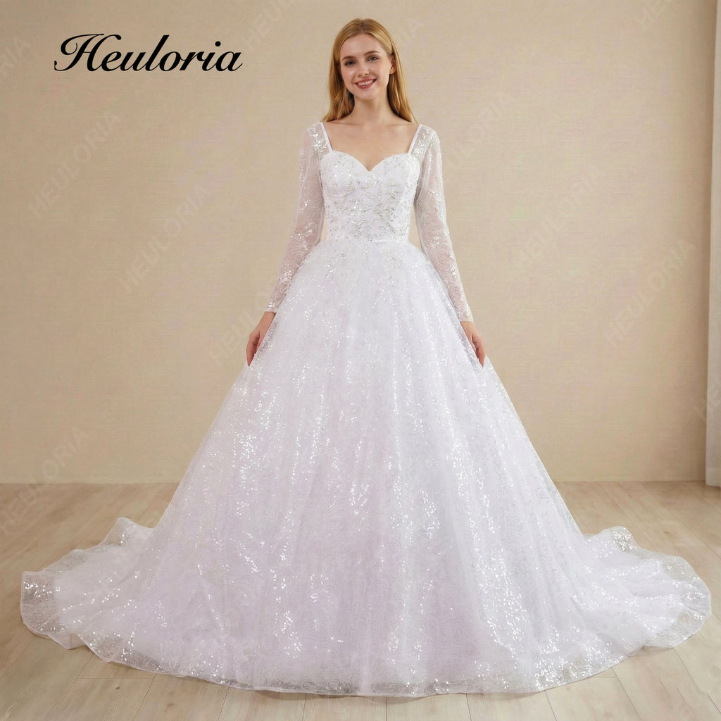 HEULORIA Elegant 3D Floral Lace Long Sleeve Wedding Dress - Sparkly Sequin Tulle Ball Gown with Corset Back BA-654A