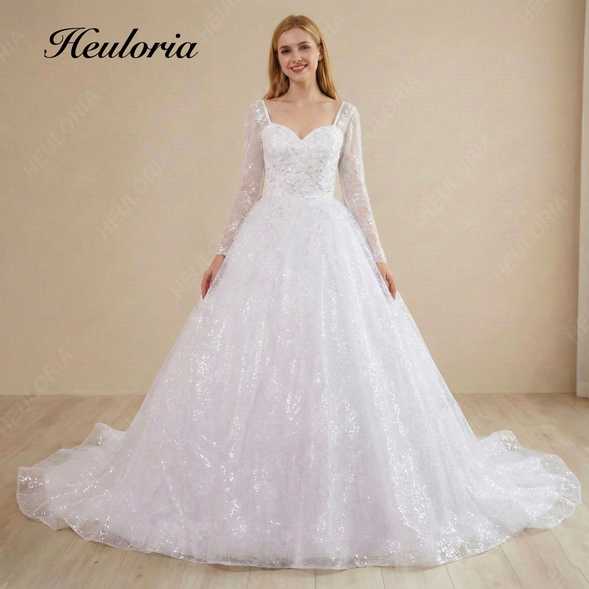 HEULORIA Elegant 3D Floral Lace Long Sleeve Wedding Dress - Sparkly Sequin Tulle Ball Gown with Corset Back BA-654A