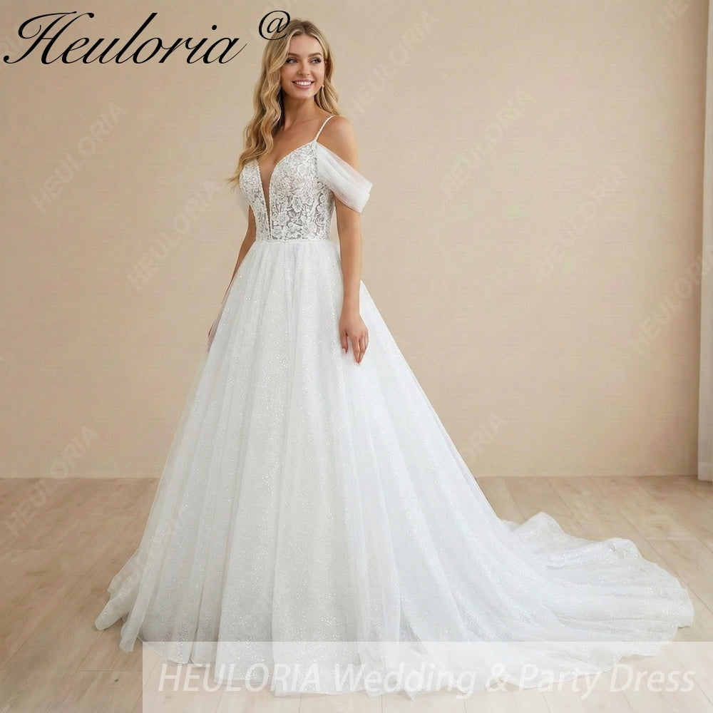 Heuloria Sparkly A-Line Lace Wedding Dress with Plunging V-Neck and Detachable Off-the-Shoulder Sleeves AL-1018