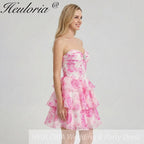 HEULORIA Enchanting Floral Print Strapless Tiered Ruffle Mini Dress - Corset Bodice with Crystal Brooch ED-291