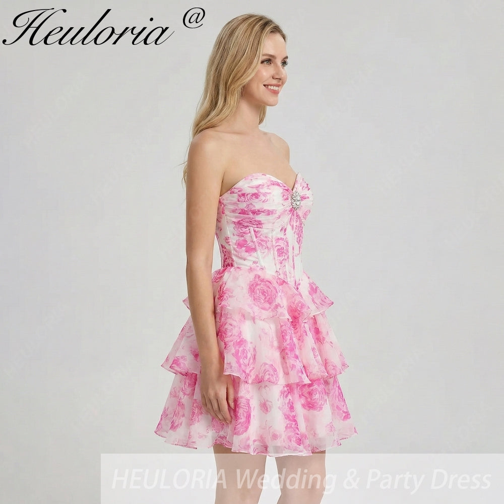 HEULORIA Enchanting Floral Print Strapless Tiered Ruffle Mini Dress - Corset Bodice with Crystal Brooch ED-291