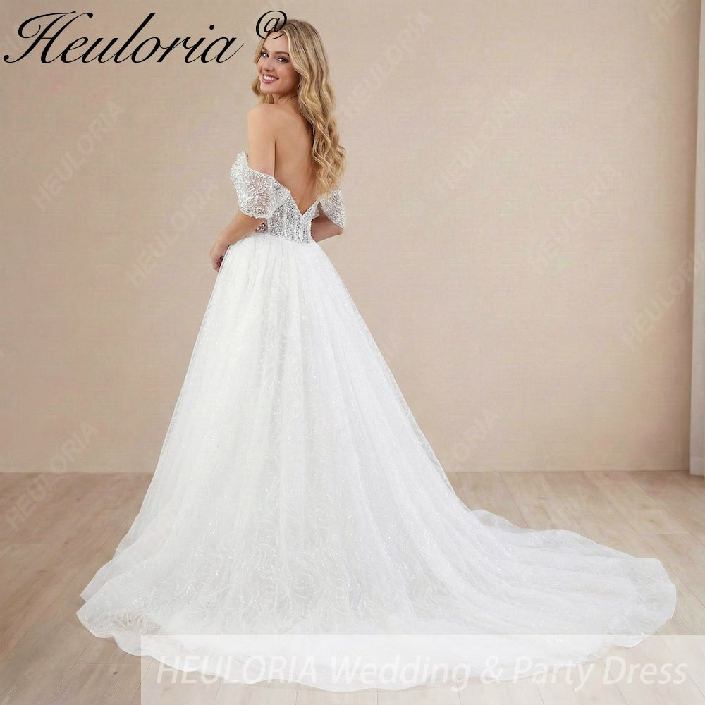 HEULORIA elegant A line wedding dress off shoulder Sparkly Glitter lace bridal dress long sleeve Robe De Mariee Wedding Bride Dress long train AL-1080
