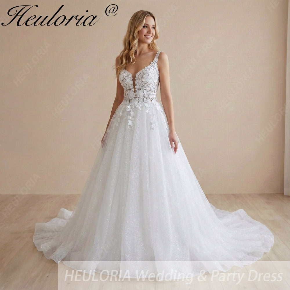HEULORIA Romantic 3D Floral Lace A-Line Wedding Dress - Plunging V-Neck & Shimmering Tulle Skirt AL-1105