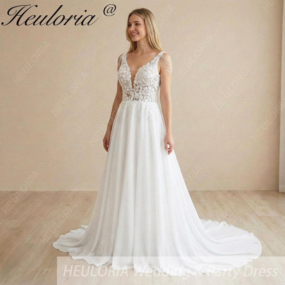 HEULORIA Romantic A-Line Lace Wedding Dress with Deep V-Neck and Crystal Beaded Shoulder Drapes AL-995