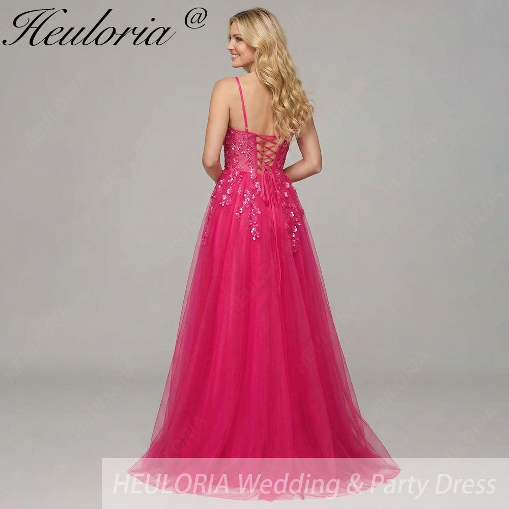 HEULORIA Enchanting 3D Floral Applique V-Neck Tulle A-Line Prom Dress - Corset Back Formal Gown ED-341