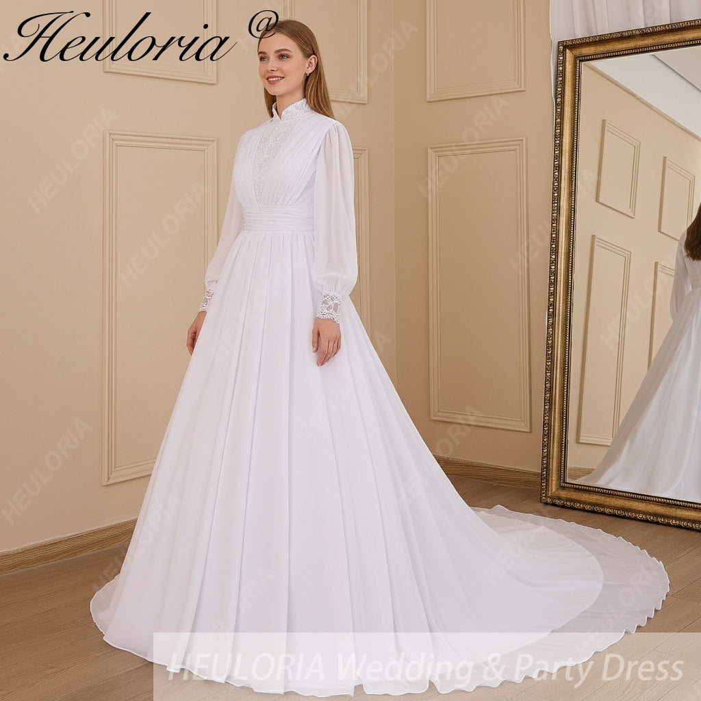HEULORIA elegant lace beading Muslim ball gown Wedding Dress long sleeve high neck bride dress plus size bride Wedding Gown AL-615
