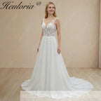 HEULORIA Ethereal A-Line Wedding Dress with Illusion Leaf Lace Bodice and Plunging V-Neck AL-1055