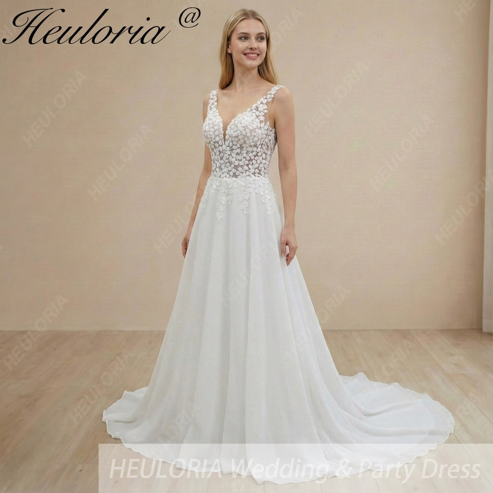 HEULORIA Ethereal A-Line Wedding Dress with Illusion Leaf Lace Bodice and Plunging V-Neck AL-1055