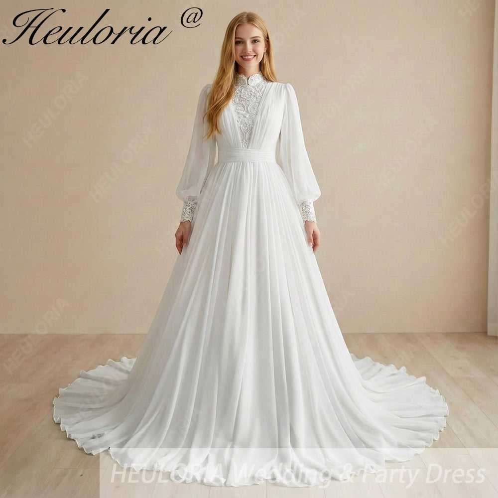 HEULORIA Vintage High Neck Lace Wedding Dress with Romantic Bishop Sleeves and Chiffon Train AL-354 Image principale du produit