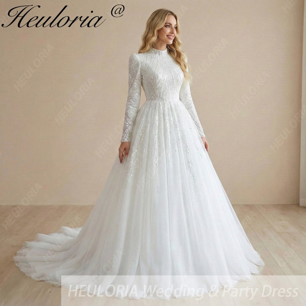HEULORIA Celestial Radiance: High-Neck Long Sleeve Sequined princess Wedding Dress with Cathedral Train BA-1212 Image principale du produit