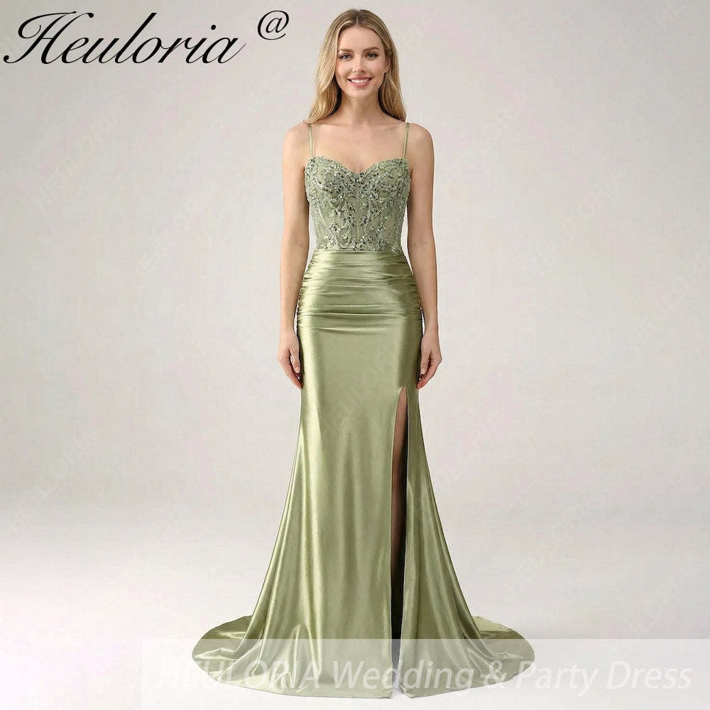 HEULORIA Sage Green Beaded Corset Satin Prom Dress with High Slit and Lace-Up Back ED-217