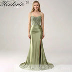 HEULORIA Sage Green Beaded Corset Satin Prom Dress with High Slit and Lace-Up Back ED-217