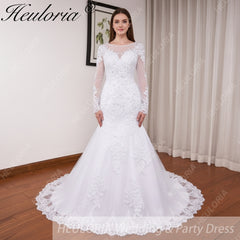 HEULORIA elegant mermaid Wedding Dresses long sleeve o neck lace beading plus size Bride Dress Robe de mariage customize ME-623