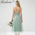 HEULORIA Sage Green Tea-Length Tulle Formal Dress - Frill Sweetheart Neckline & Corset Bodice Bridesmaid dresses ED-266