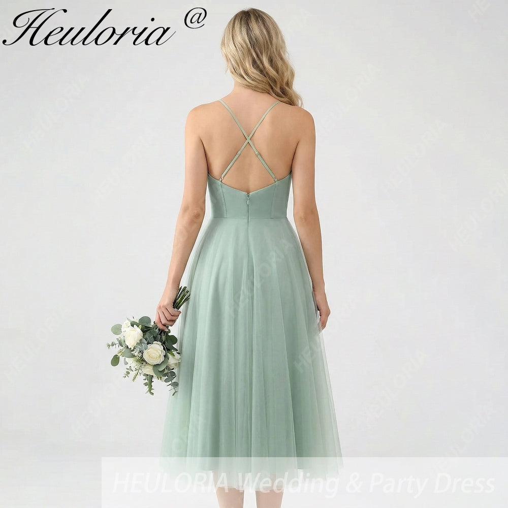 HEULORIA Sage Green Tea-Length Tulle Formal Dress - Frill Sweetheart Neckline & Corset Bodice Bridesmaid dresses ED-266