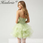 HEULORIA Sage Green Sequin Floral Corset Short Homecoming Dress - Tiered Tulle Party Gown ED-320