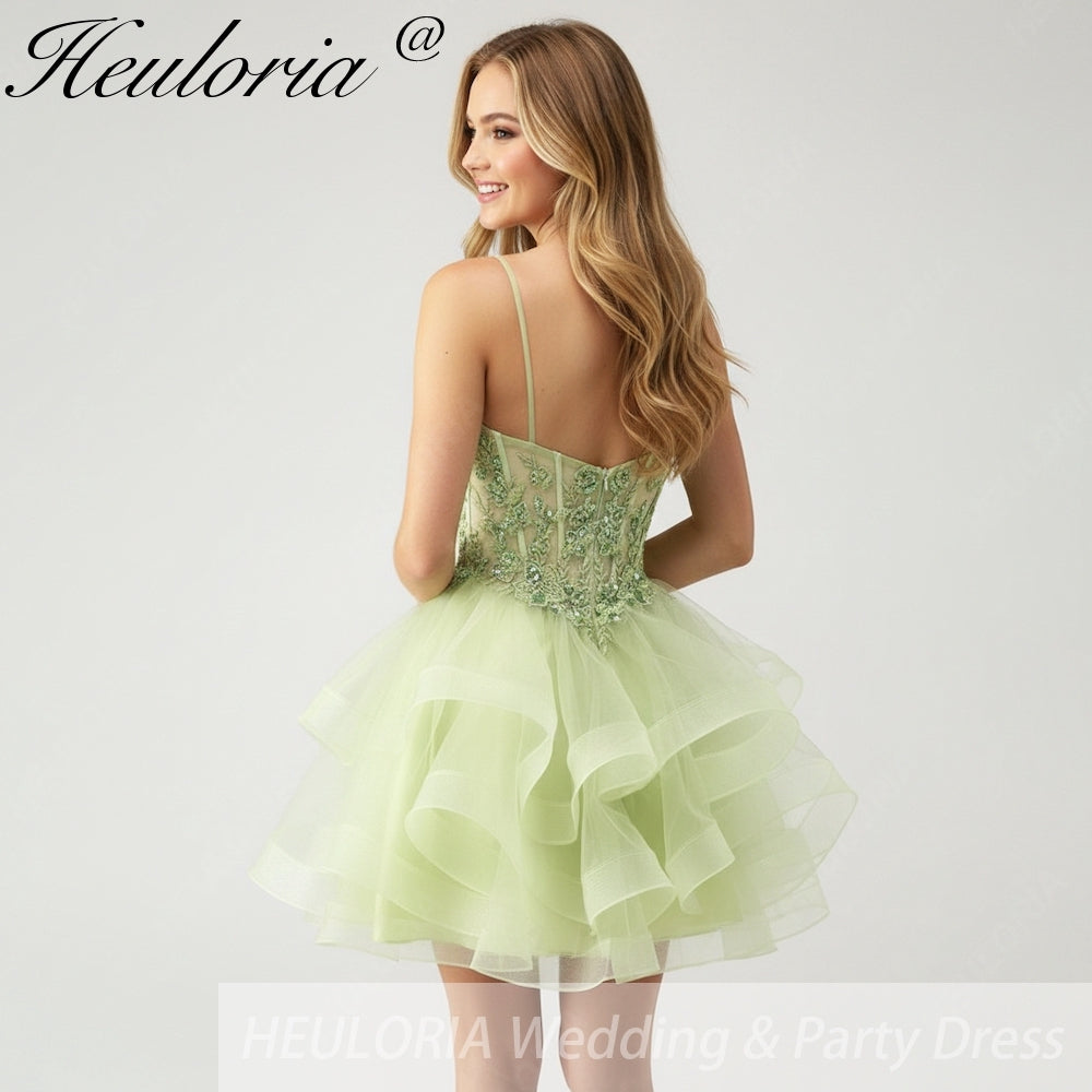 HEULORIA Sage Green Sequin Floral Corset Short Homecoming Dress - Tiered Tulle Party Gown ED-320