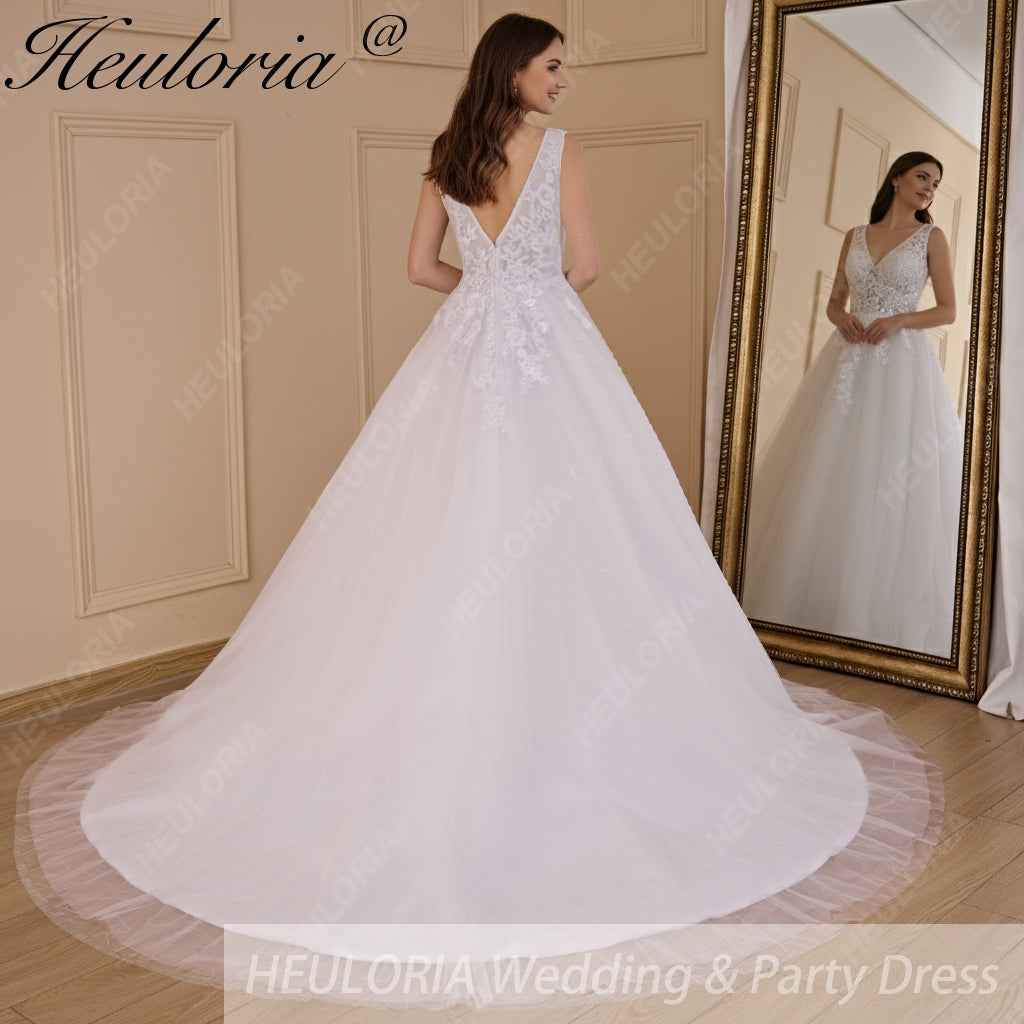 HEULORIA A-line V-Neck Sweep Train Lace Tulle Wedding Dress With Sequins Beading AL-719