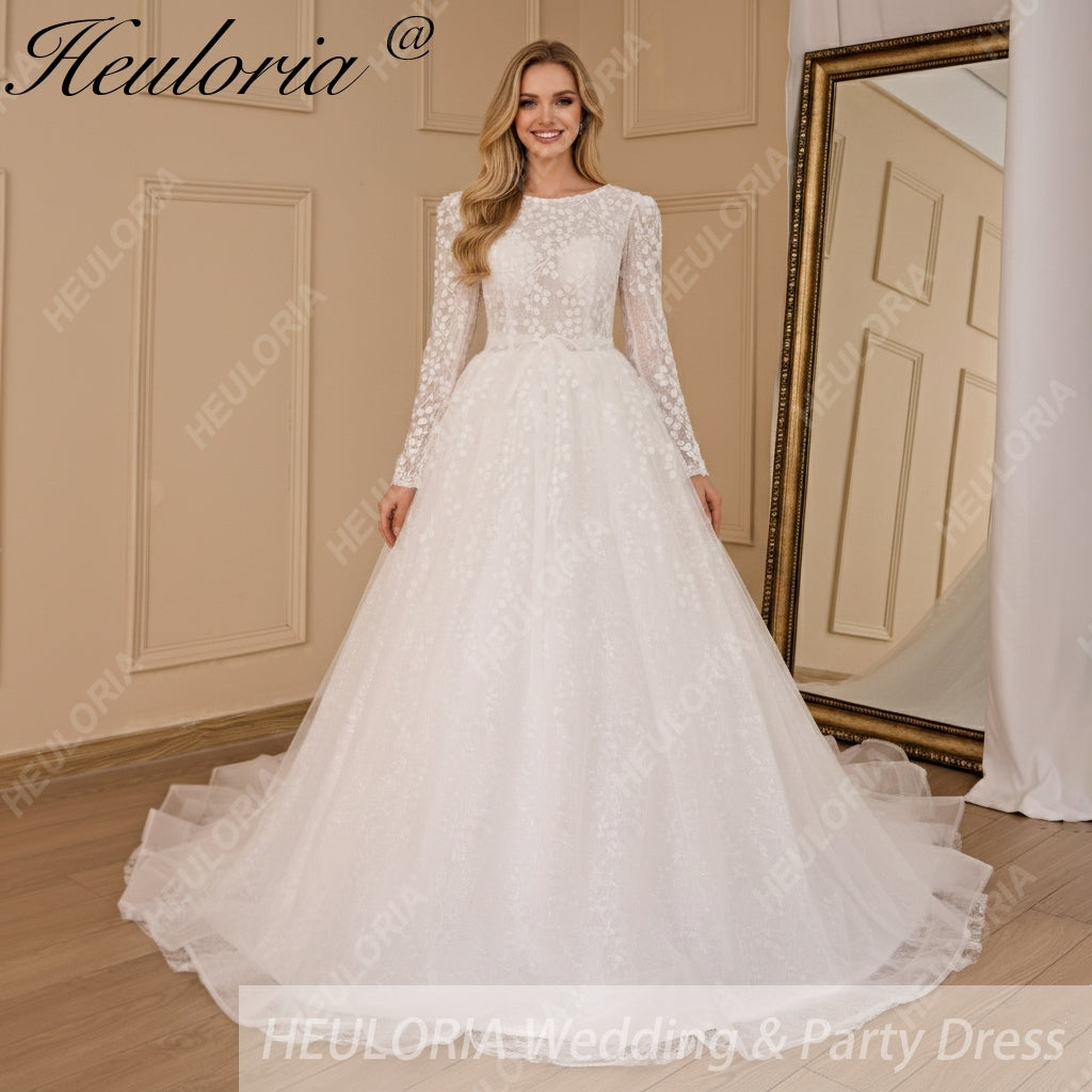 HEULORIA elegant wedding dress long sleeve 3D flower shinny robe de mariee Lace beading A line Wedding Bridal Gown BA-683