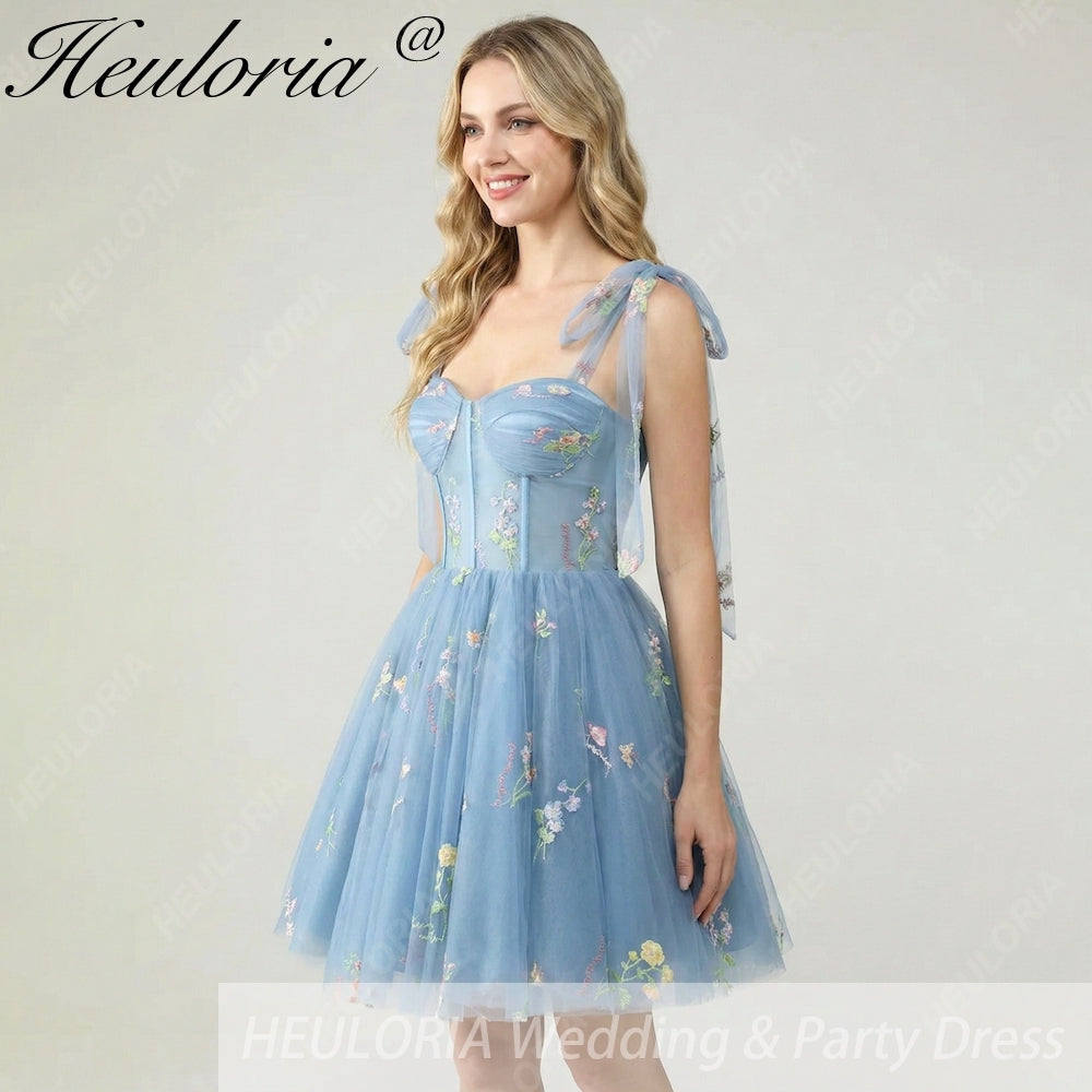 HEULORIA Floral Embroidered Tulle Mini Dress - Sweetheart Corset Bodice with Sheer Tie-Shoulder Straps ED-273
