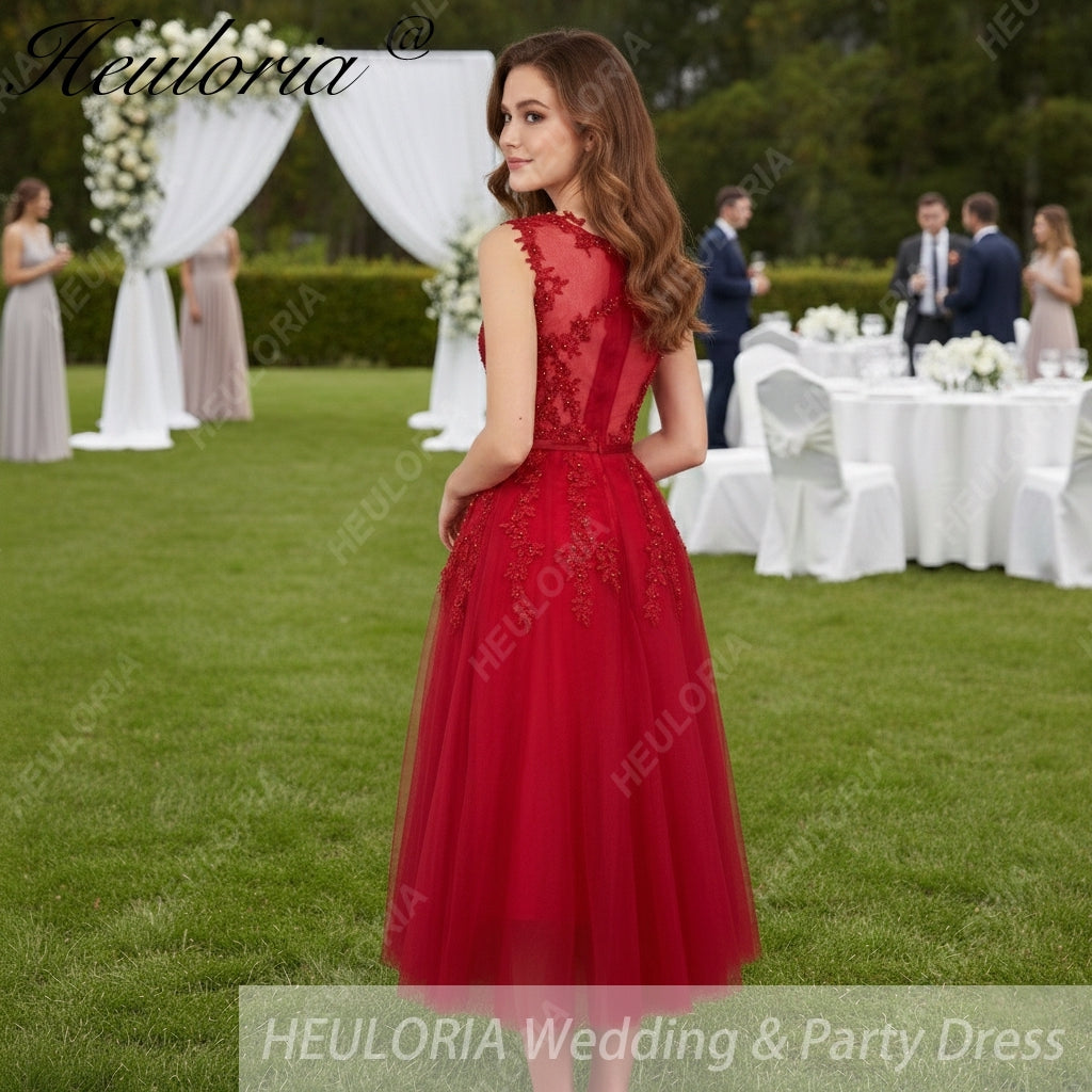 HEULORIA short Bridemaid dress round neck lace beads tulle party dress formal dress ED-75