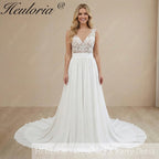 Heuloria Bohemian Illusion Lace V-Neck A-Line Wedding Dress with Chiffon Skirt and Court Train AL-994