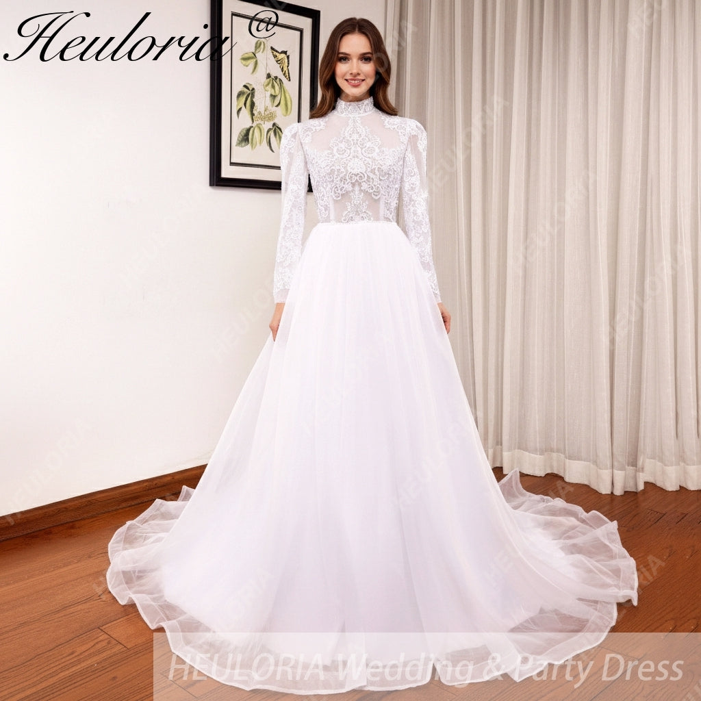 Boho Wedding Dress long sleeve high neck lace applique bride dress plus size robe de mariee A line Wedding Bridal Gown AL-HN0815 Main image