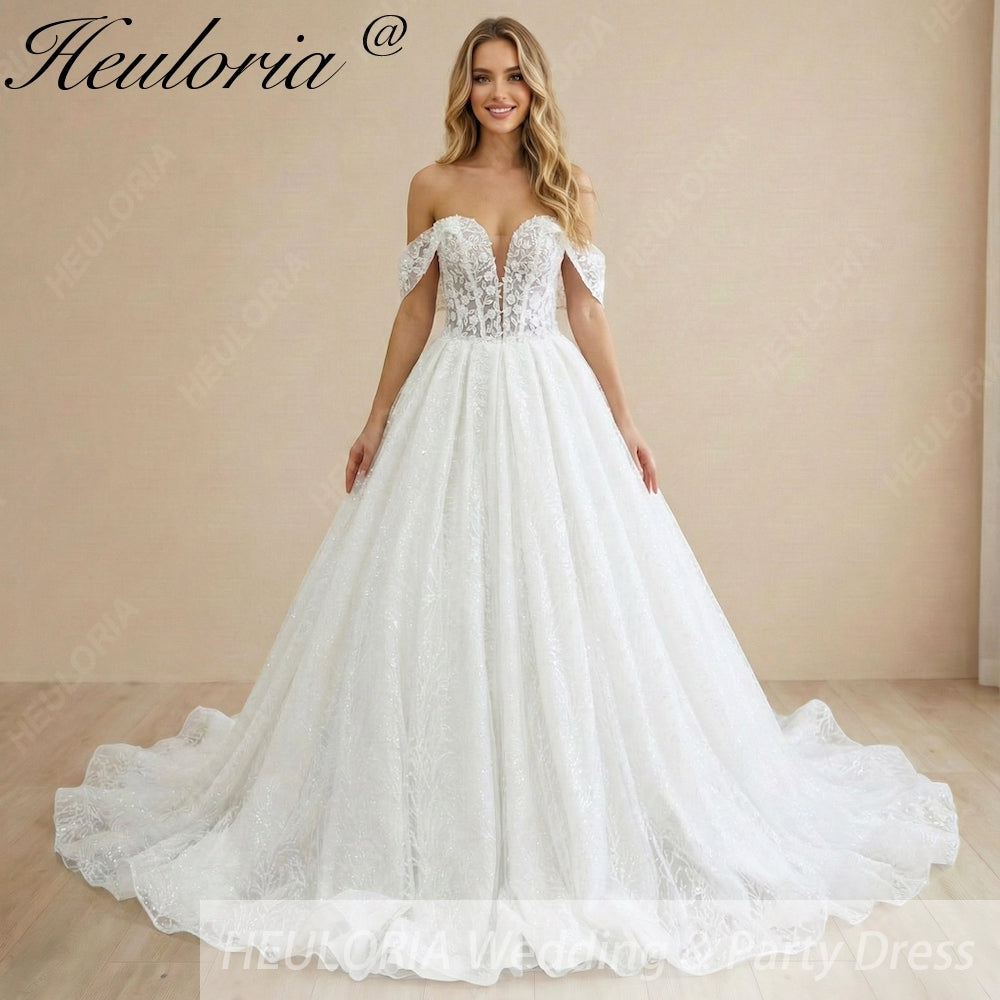 HEULORIA Off-the-Shoulder Princess Wedding Dress - Sparkle Glitter Ball Gown with Floral Lace Corset BA-1100 Image principale du produit