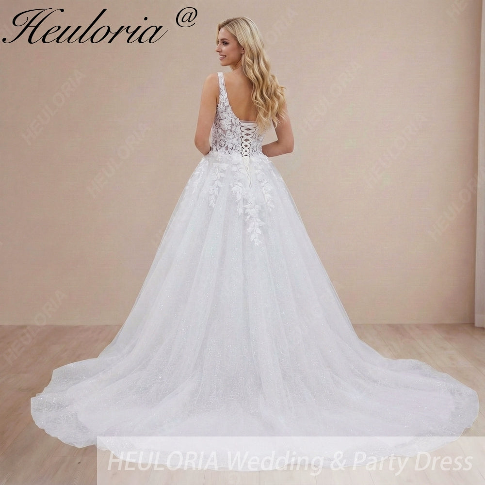 HEULORIA Romantic 3D Floral Lace A-Line Wedding Dress - Plunging V-Neck & Shimmering Tulle Skirt AL-1105 Image secondaire du produit