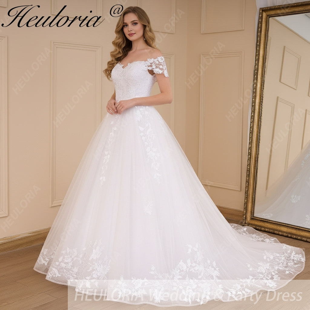 HEULORIA Ball-Gown/Princess off shoulder Cathedral Train Tulle Lace Wedding Dress BA-643
