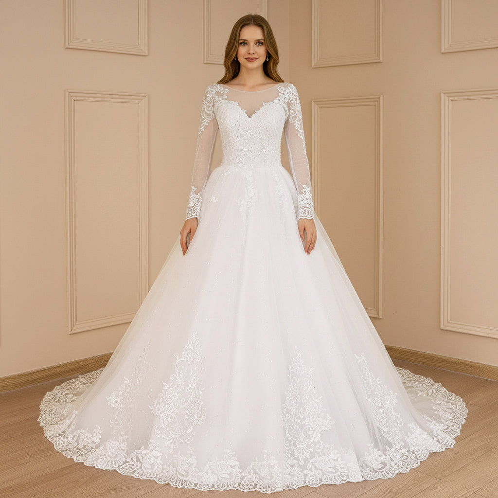 Long Sleeve Illusion Neckline Lace Ball Gown Wedding Dress heuloria Long Sleeve Illusion Neckline Lace Ball Gown Wedding Dress heuloria