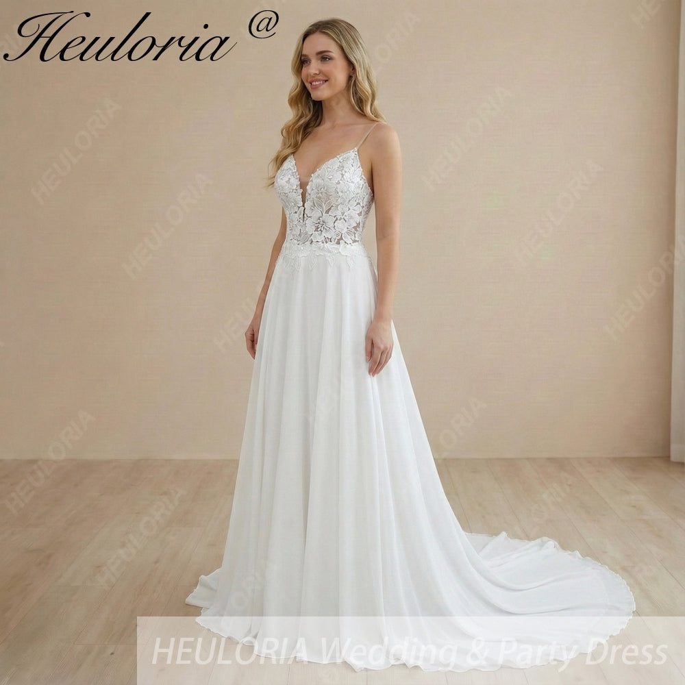 HEULORIA Ethereal Floral Lace V-Neck Wedding Dress with Unique Triple-Strap Back & Illusion Bodice AL-1049