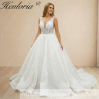 Heuloria Shimmering Deep V-Neck Glitter Ball Gown Wedding Dress - Sequined Lace Illusion Bodice) BA-1019