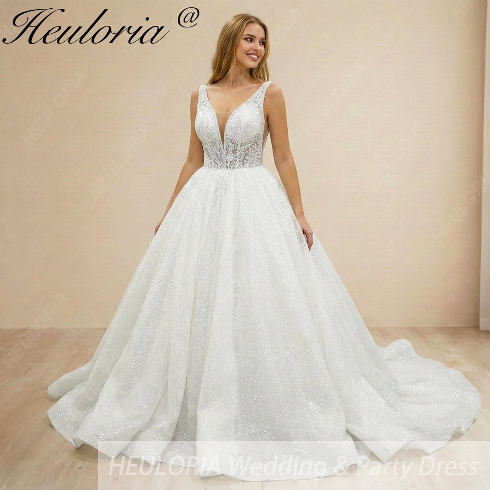 Heuloria Shimmering Deep V-Neck Glitter Ball Gown Wedding Dress - Sequined Lace Illusion Bodice) BA-1019