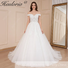 HEULORIA Elegant lace applique Boho Wedding Dress bride dress off shoulder plus size  A line Wedding Bride Gown AL-587