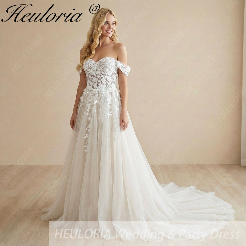 HEULORIA Romantic 3D Floral Lace Off-the-Shoulder A-Line Wedding Dress: Sweetheart Neckline & Shimmer Tulle Train AL-1052
