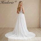 HEULORIA Romantic A-Line Lace Wedding Dress with Deep V-Neck and Crystal Beaded Shoulder Drapes AL-995
