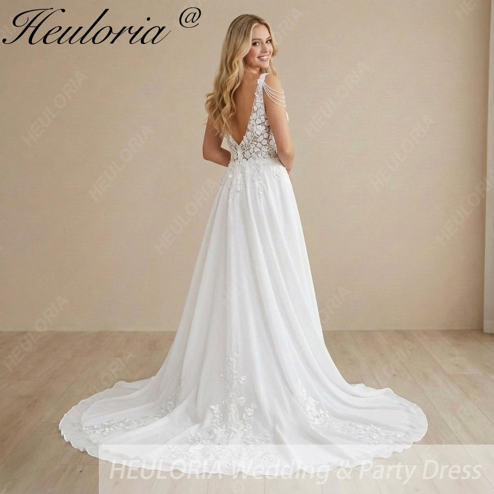 HEULORIA Romantic A-Line Lace Wedding Dress with Deep V-Neck and Crystal Beaded Shoulder Drapes AL-995