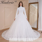 HEULORIA princess Wedding Dress long sleeve high neck bride dress lace beading Plus size muslim wedding gown court train BA-575