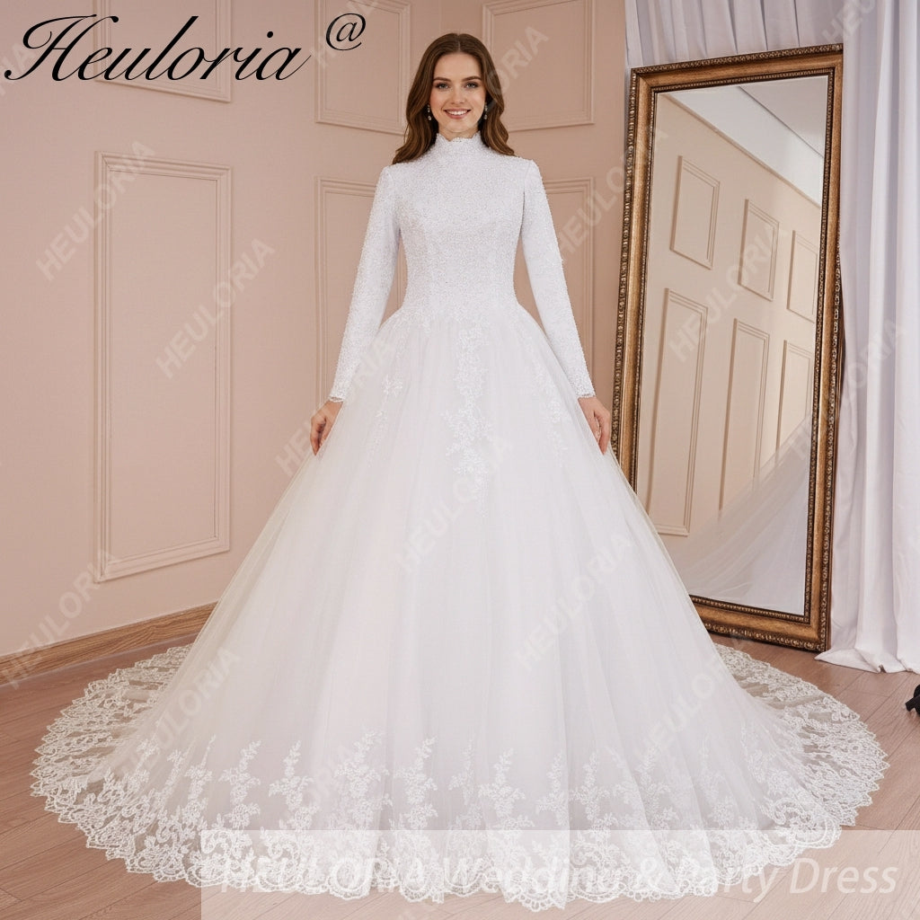 HEULORIA princess Wedding Dress long sleeve high neck bride dress lace beading Plus size muslim wedding gown court train BA-575