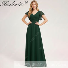 HEULORIA Long Bridemaid dress short sleeve V neck chiffon party dress formal dress ED-133