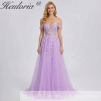 HEULORIA Lilac Off-The-Shoulder Sweetheart Prom Dress with 3D Floral Appliques & Corset Bodice ED-338