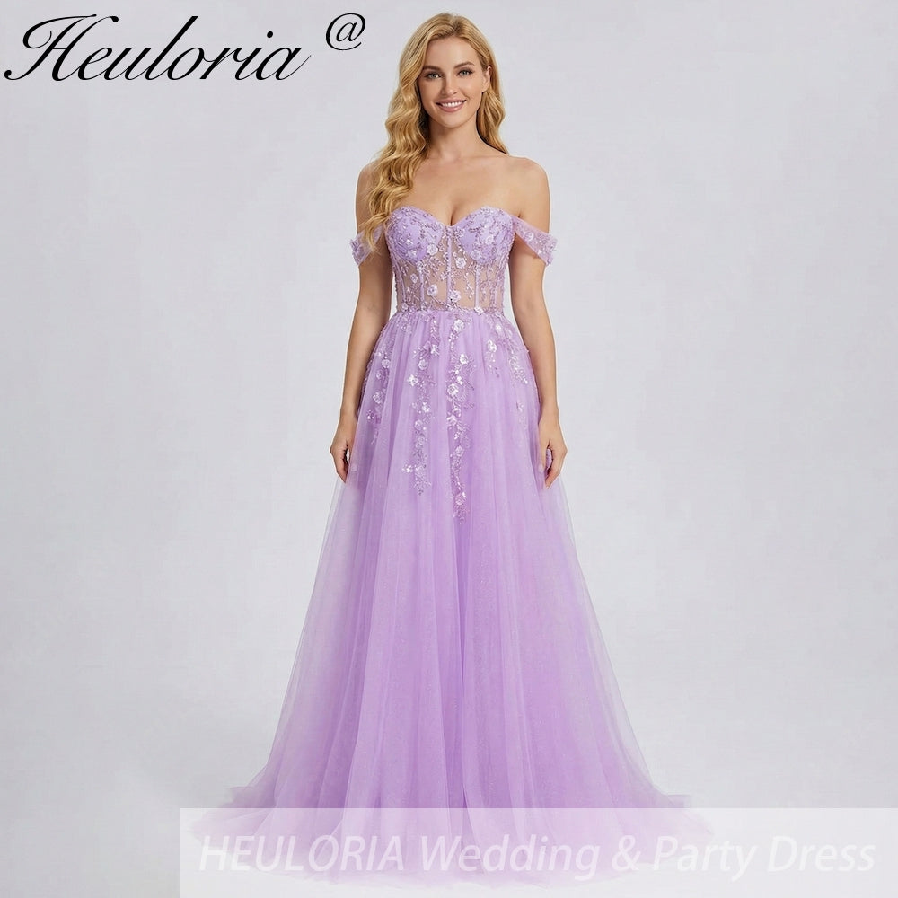 HEULORIA Lilac Off-The-Shoulder Sweetheart Prom Dress with 3D Floral Appliques & Corset Bodice ED-338