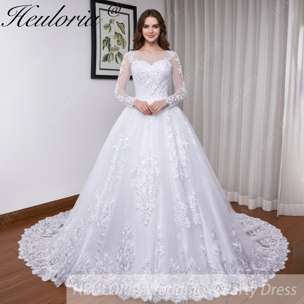 HEULORIA Princess Wedding Dress long sleeve bride dress plus size robe de mariee Lace beading shinny skirt Wedding Bridal Gown BA-530