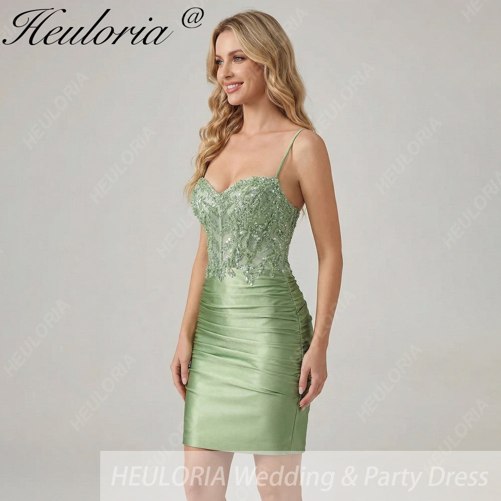 HEULORIA Sage Green Sequin Lace Corset Homecoming Dress - Ruched Satin Spaghetti Strap Mini Gown ED-304